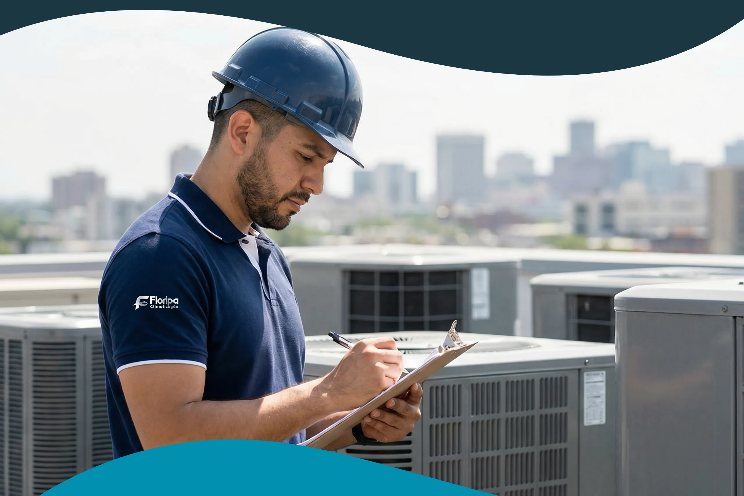 Técnico com prancheta realizando contrato de manutenção de ar-condicionado – Floripa Climatização